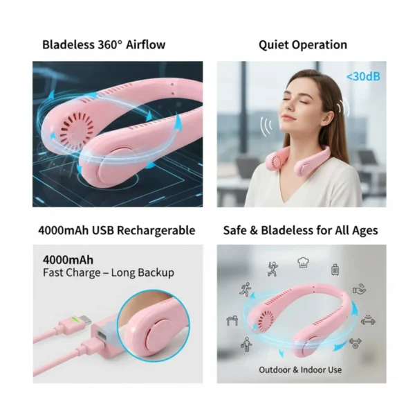 Portable Bladeless Neck Fan – 4000mAh Rechargeable USB Cooling Fan